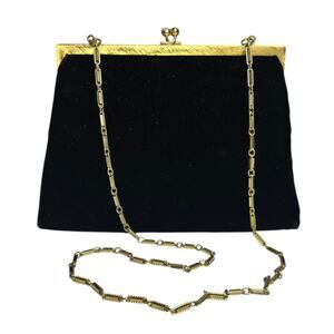 Vintage MM Morris Moskowitz Black Velvet Clutch Bag Gold Chain Strap